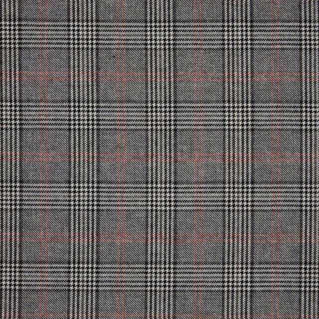 Charcoal grey plaid fabric with pale checks and fine muted red lines