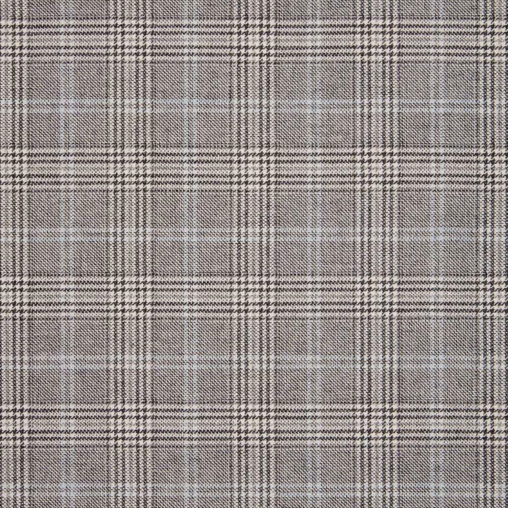 Grey-taupe plaid with charcoal bands, ivory pinstripes and fine woven texture
