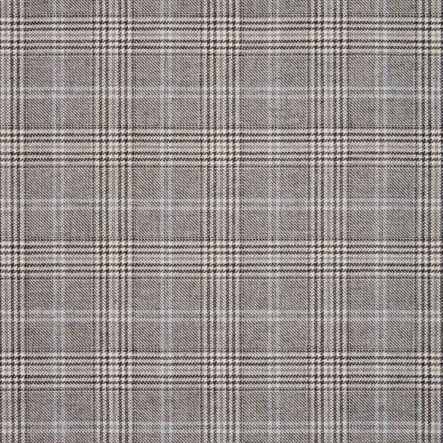 Grey-taupe plaid with charcoal bands, ivory pinstripes and fine woven texture