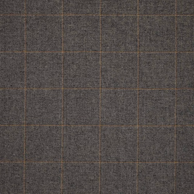 Charcoal-grey woven fabric with fine twill texture and subtle warm brown windowpane checks