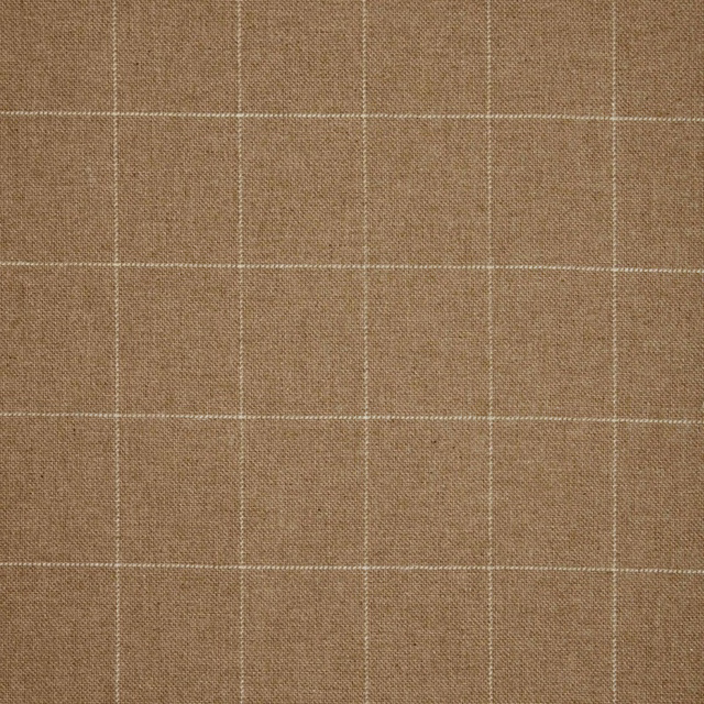 Warm taupe-brown weave with fine ivory windowpane checks and visible grain