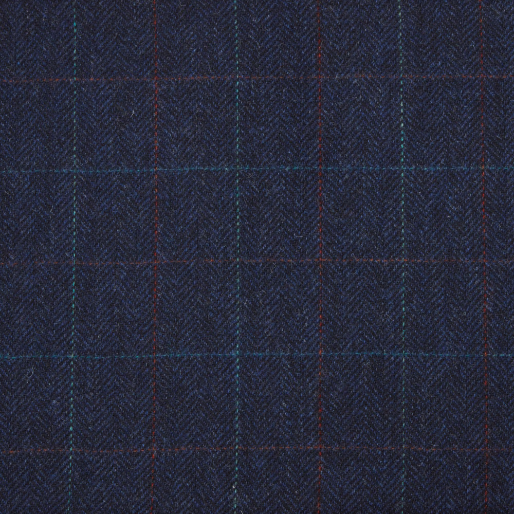 Deep navy herringbone fabric with muted red and teal windowpane checks