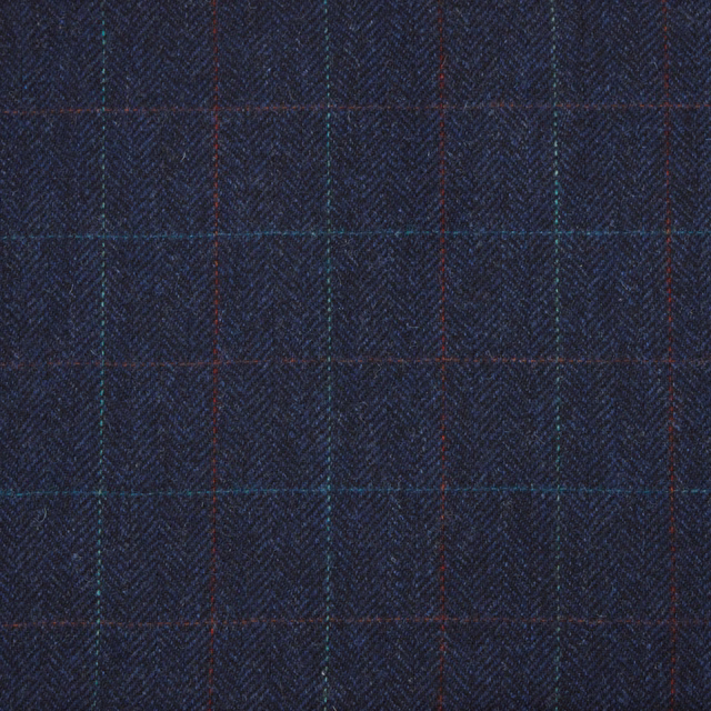 Deep navy herringbone fabric with muted red and teal windowpane checks