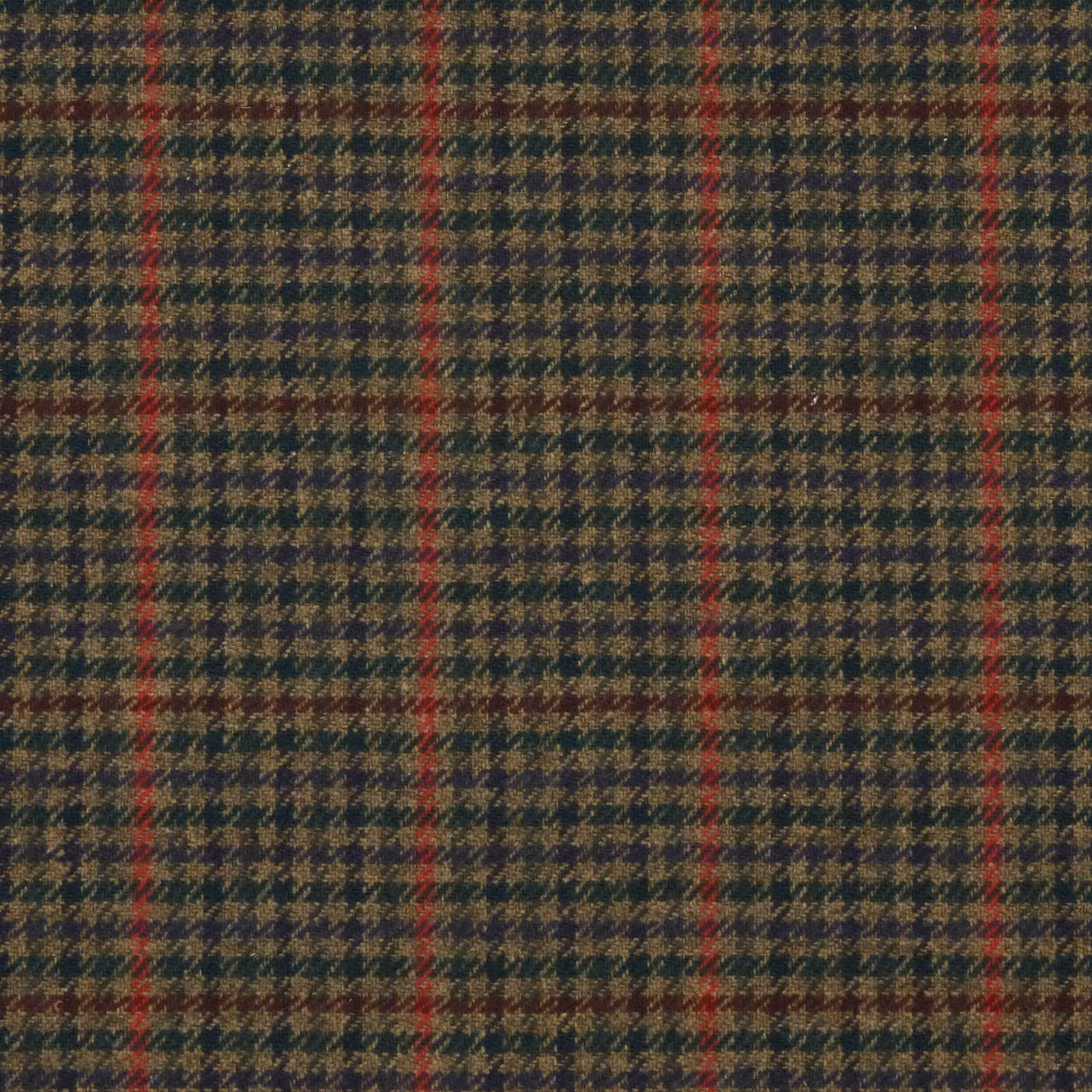 Deep olive plaid textile with fine ochre checks and muted red stripes