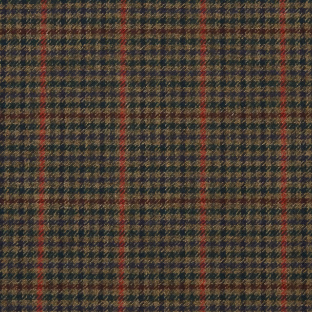 Deep olive plaid textile with fine ochre checks and muted red stripes