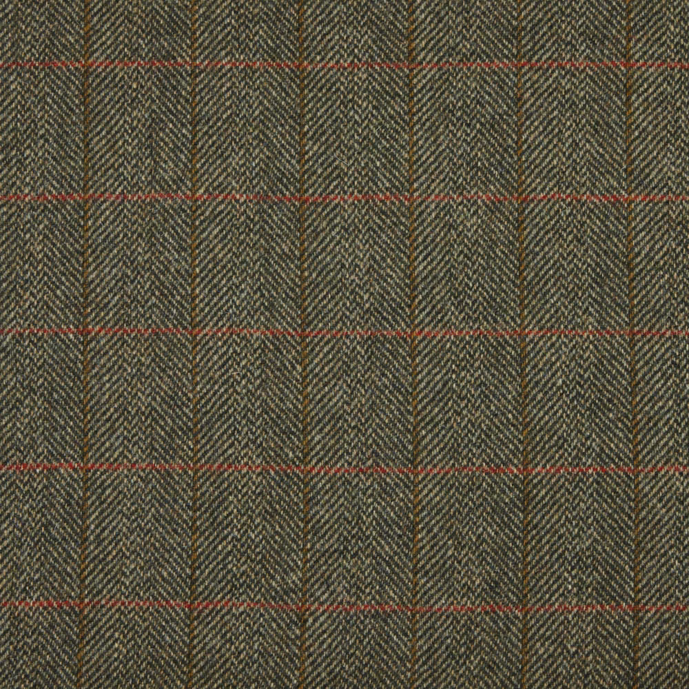 Dark olive and charcoal herringbone plaid with thin red windowpane lines