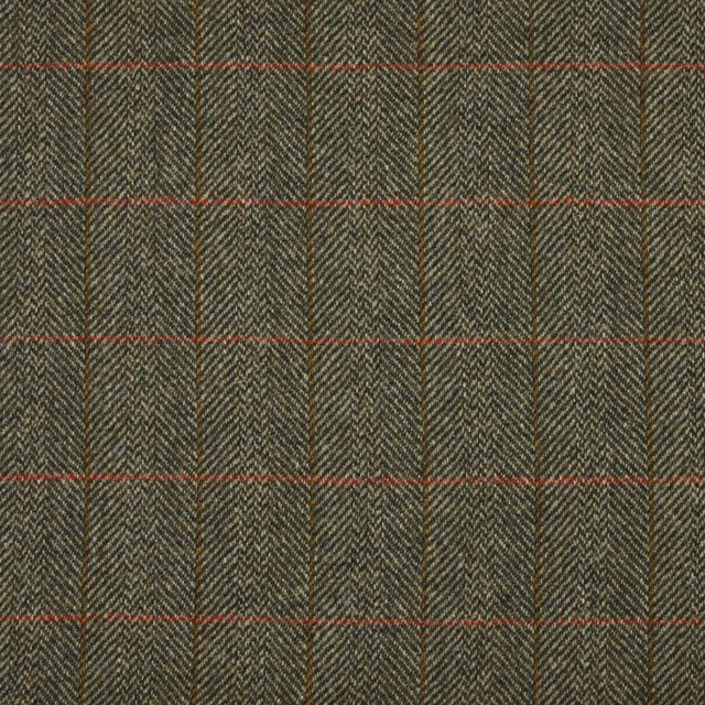 Dark olive and charcoal herringbone plaid with thin red windowpane lines