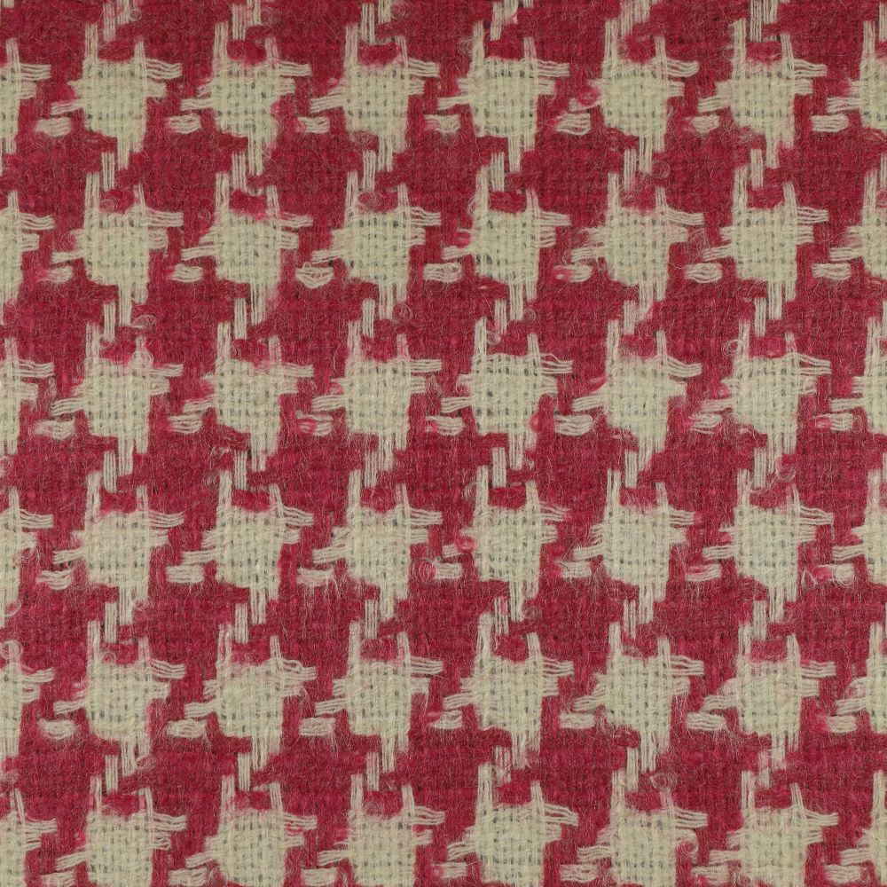 Deep crimson woven fabric with irregular ivory geometric cross-like motifs and visible texture