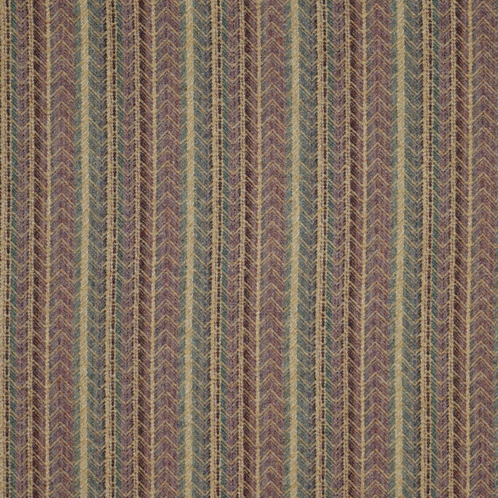 Muted lavender woven fabric with vertical olive, teal and herringbone stripes