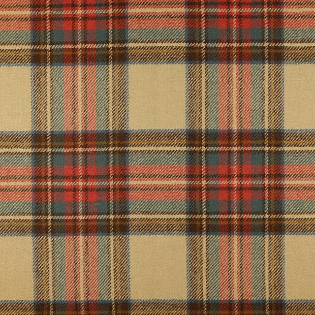 Muted red, beige, blue-grey and brown woven tartan with fine intersecting stripes