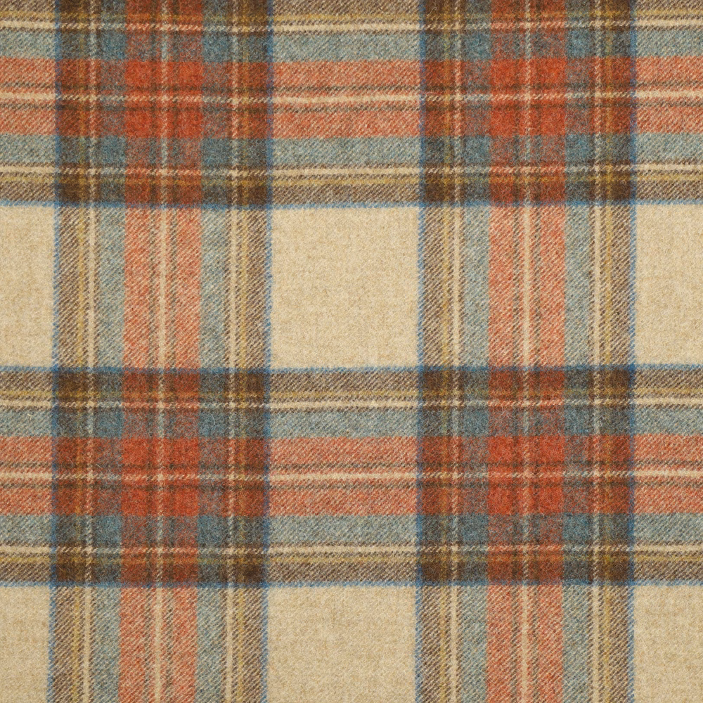 Muted oat tartan with rust, blue-grey and brown bands in a brushed weave