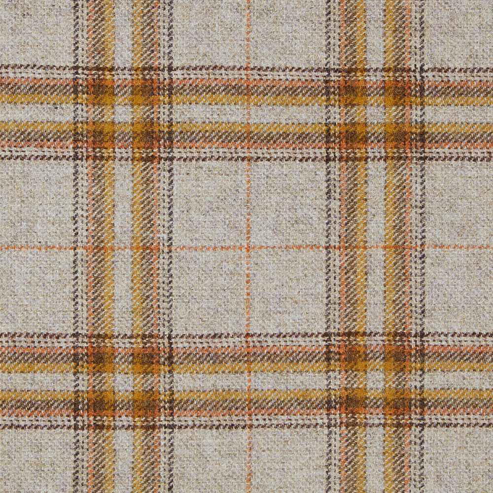Textured grey plaid with ochre, cream and brown woven lines