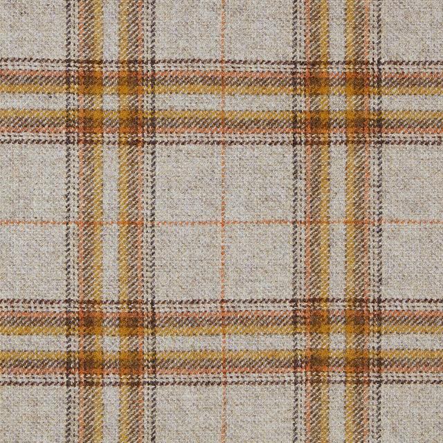 Textured grey plaid with ochre, cream and brown woven lines