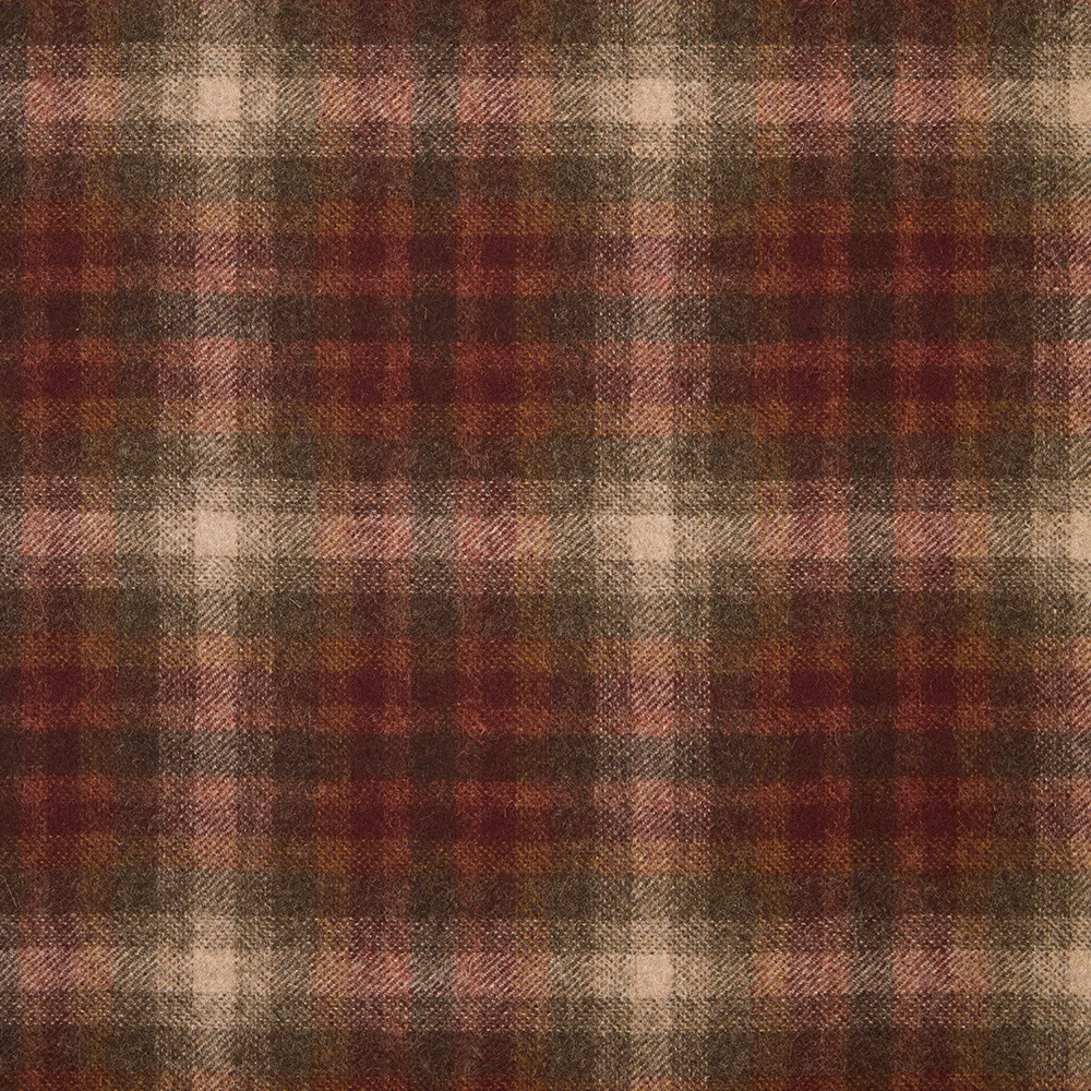 Close-up of muted burgundy plaid with cream, taupe and brown woven checks