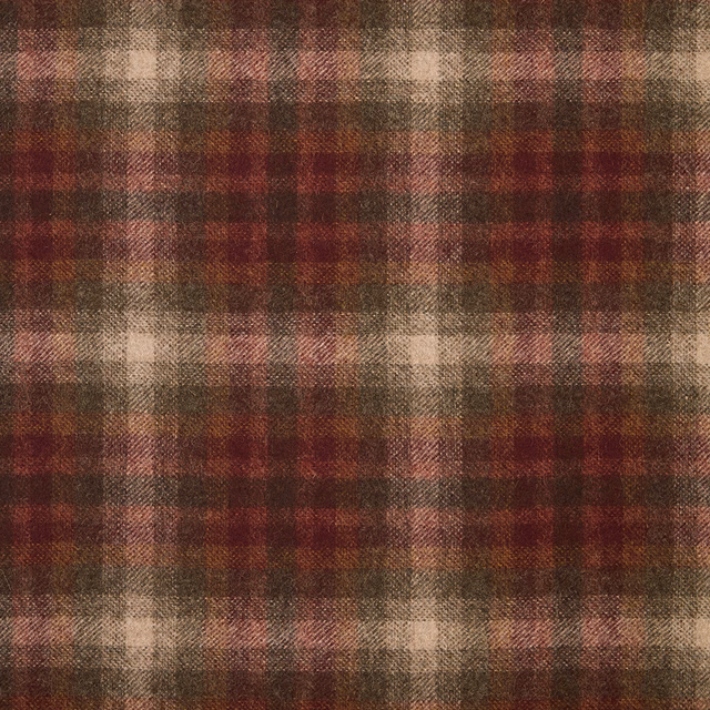 Close-up of muted burgundy plaid with cream, taupe and brown woven checks