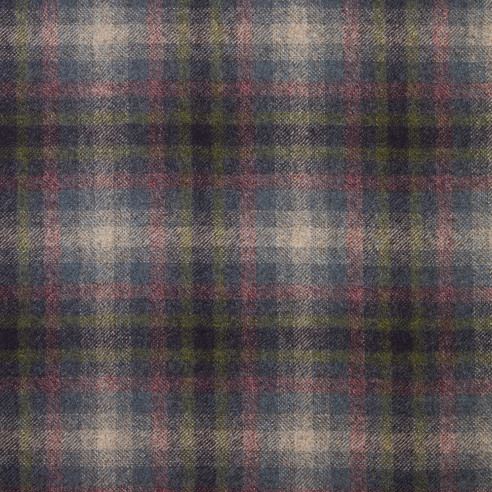 Muted indigo tartan weave with burgundy, olive and cream checked stripes
