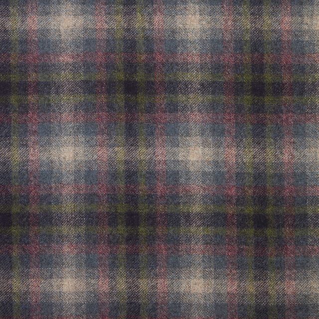 Muted indigo tartan weave with burgundy, olive and cream checked stripes