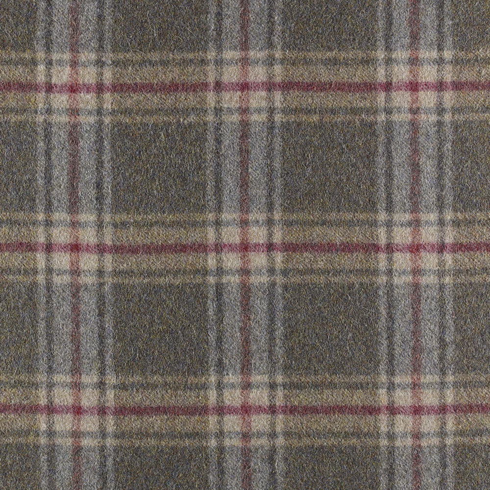 Textured olive-grey plaid with cream, taupe and muted burgundy woven stripes