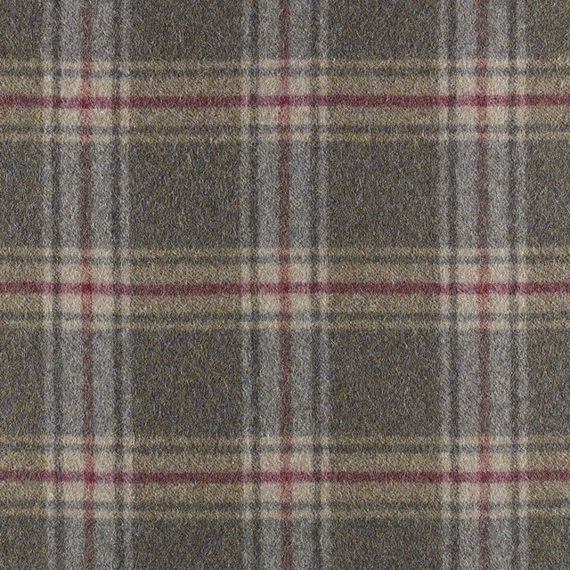 Textured olive-grey plaid with cream, taupe and muted burgundy woven stripes