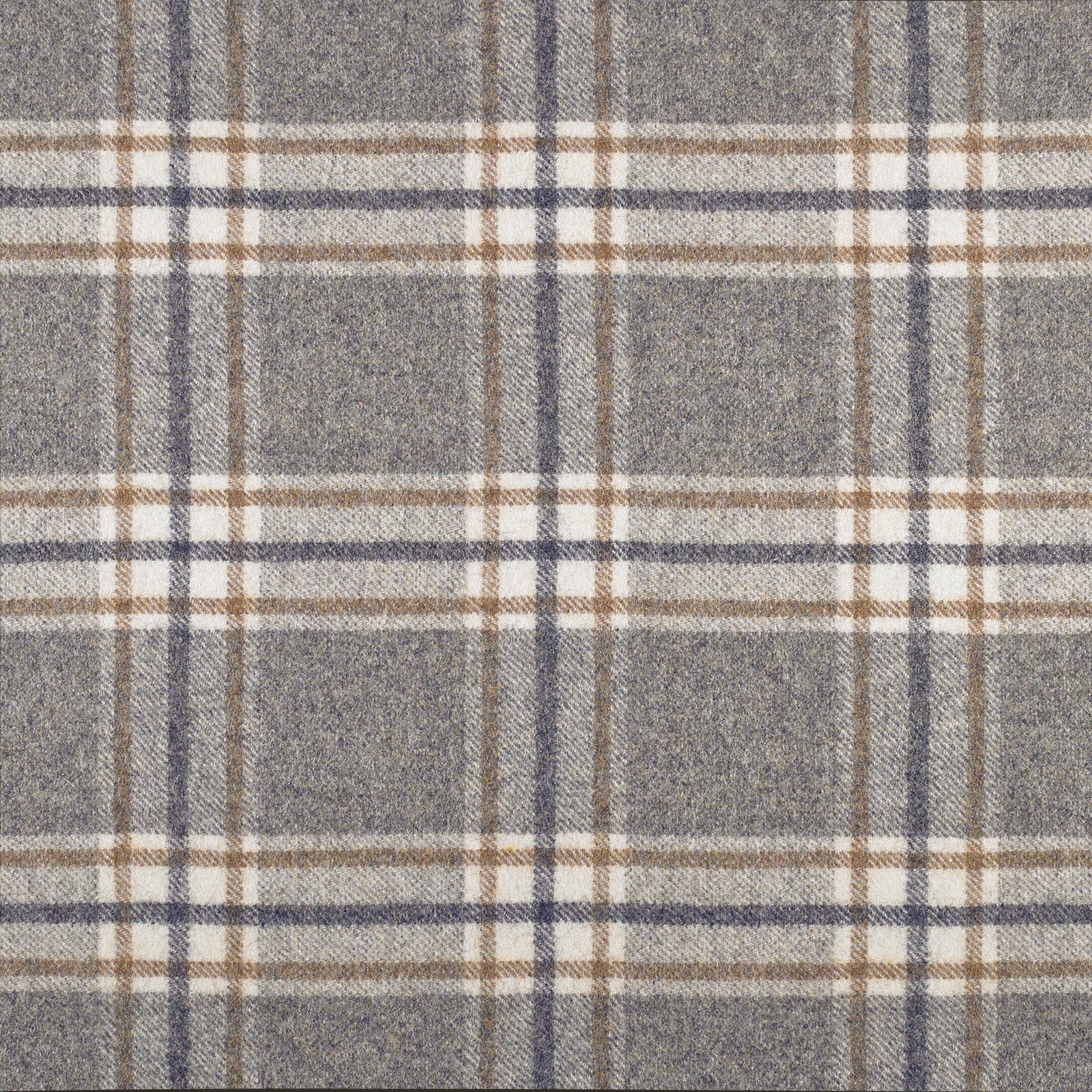 Taupe-grey woven plaid with cream, charcoal, blue-grey and brown intersecting lines