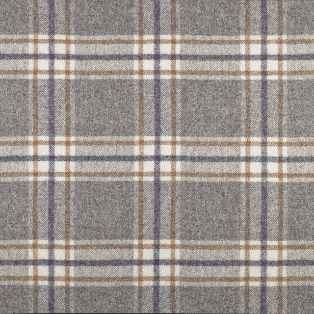 Taupe-grey woven plaid with cream, charcoal, blue-grey and brown intersecting lines