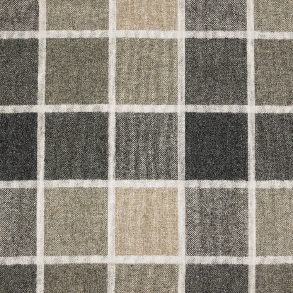 Charcoal and taupe checked weave with warm beige squares and ivory grid lines