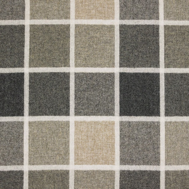Charcoal and taupe checked weave with warm beige squares and ivory grid lines