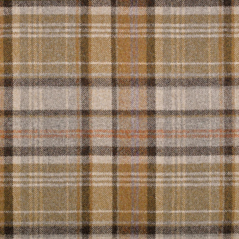 Warm camel plaid weave with cream, grey, brown and fine rust check lines