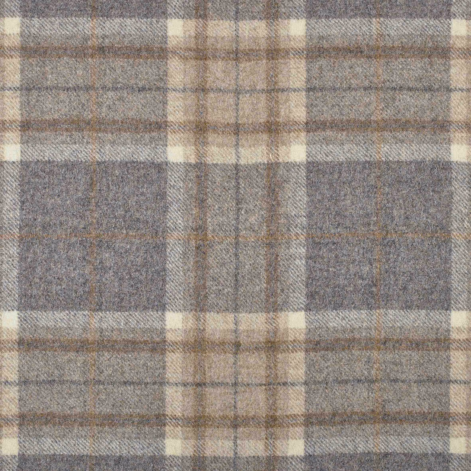 Muted mushroom taupe plaid with charcoal, cream and warm brown woven checks