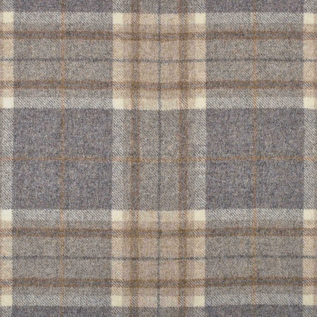Muted mushroom taupe plaid with charcoal, cream and warm brown woven checks