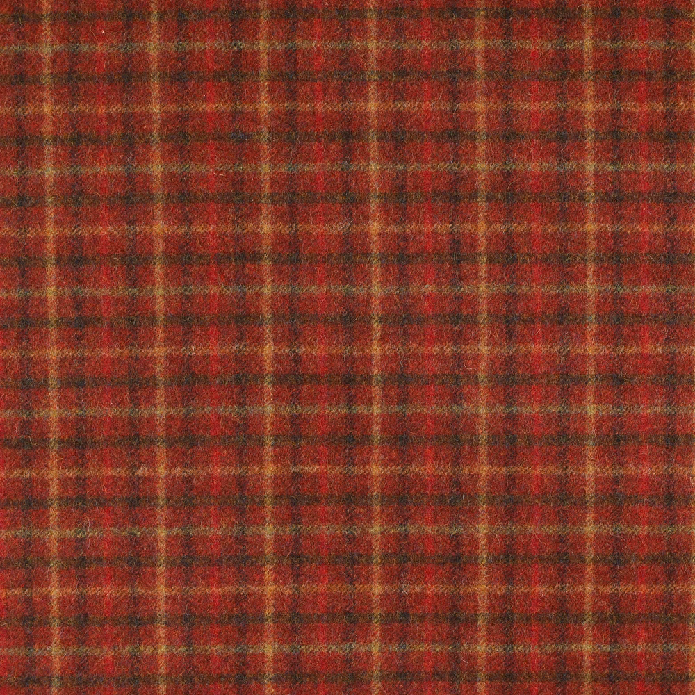 Deep claret check with olive-grey cross lines and a softly textured woven surface