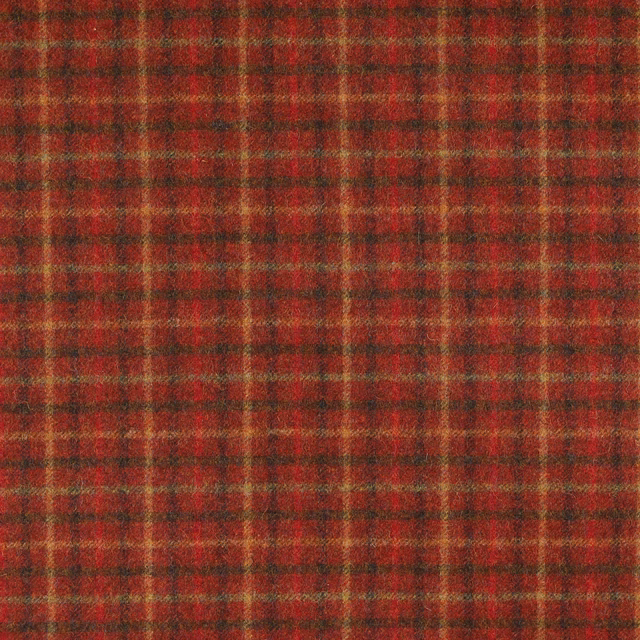 Deep claret check with olive-grey cross lines and a softly textured woven surface