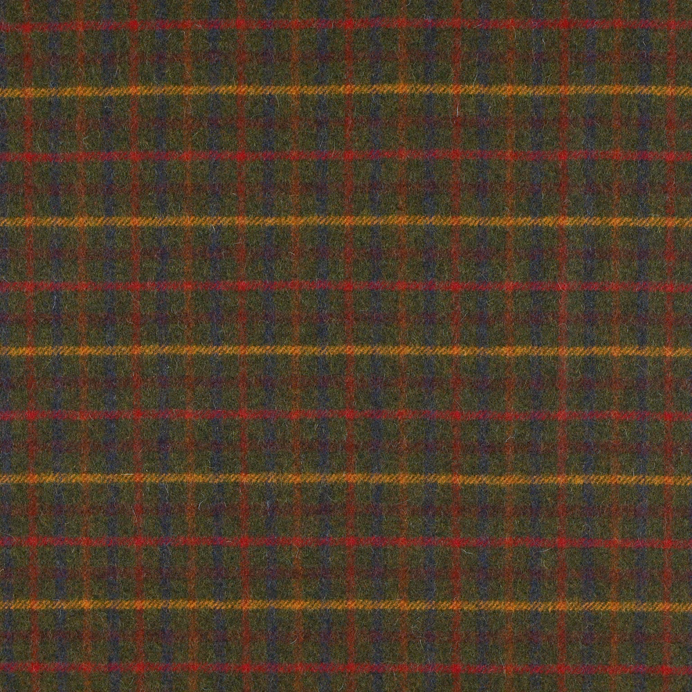 Deep fir green plaid with muted red and ochre-gold woven stripes