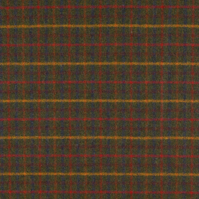 Deep fir green plaid with muted red and ochre-gold woven stripes