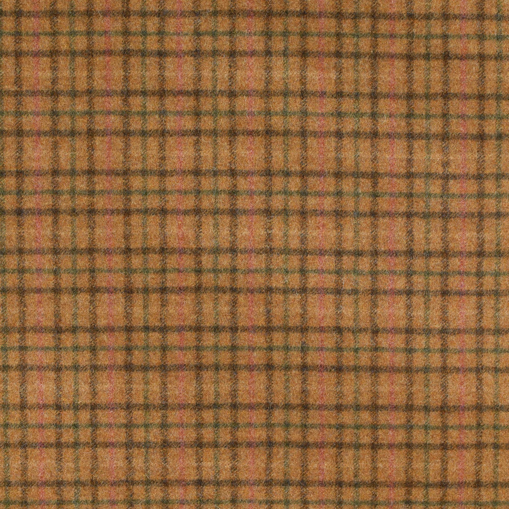 Warm camel plaid with moss-green, charcoal and muted rose lines in a soft weave