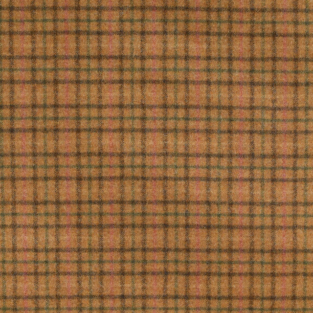 Warm camel plaid with moss-green, charcoal and muted rose lines in a soft weave