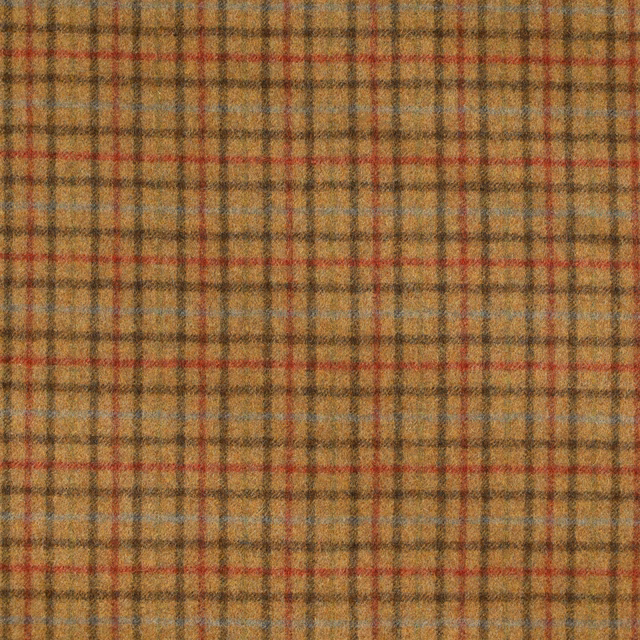 Warm rope plaid fabric with muted red, blue-grey and dark brown woven lines