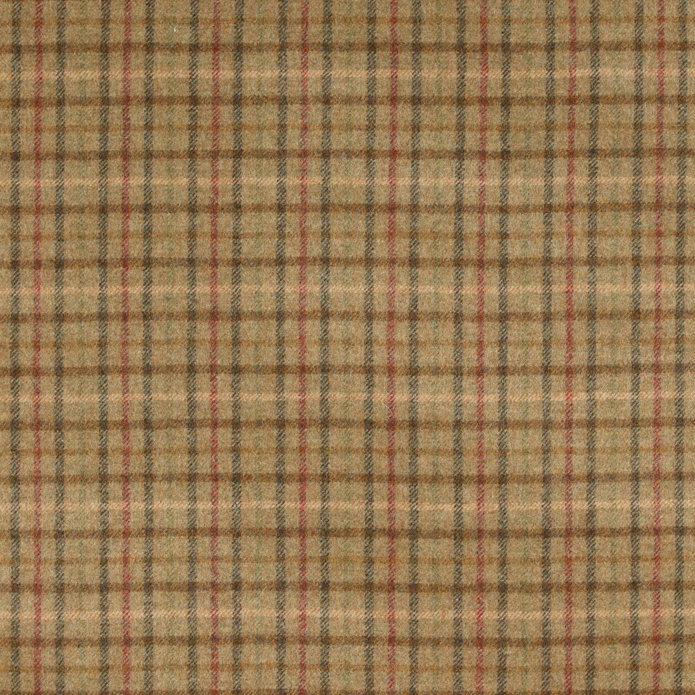 Muted sage and taupe plaid with fine rust lines in a woven surface