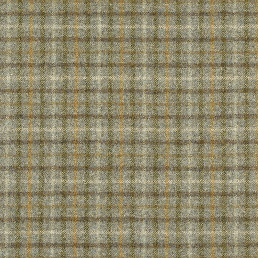 Muted sea-green and blue-grey plaid with fine ochre lines in a woven texture
