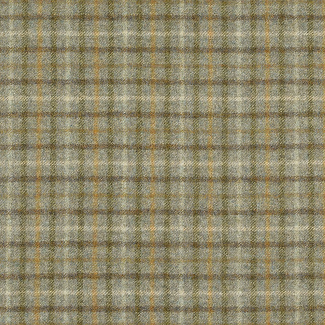 Muted sea-green and blue-grey plaid with fine ochre lines in a woven texture