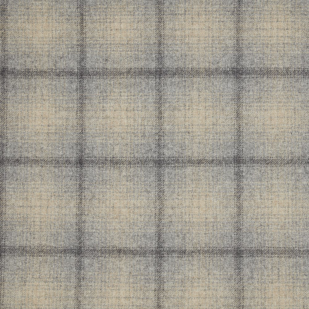 Pale limestone grey-beige woven fabric with charcoal windowpane checks and mottled texture