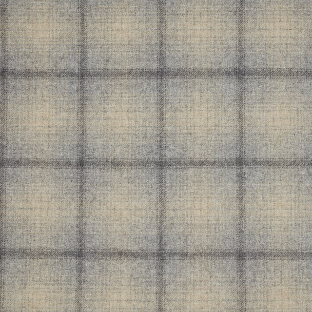 Pale limestone grey-beige woven fabric with charcoal windowpane checks and mottled texture
