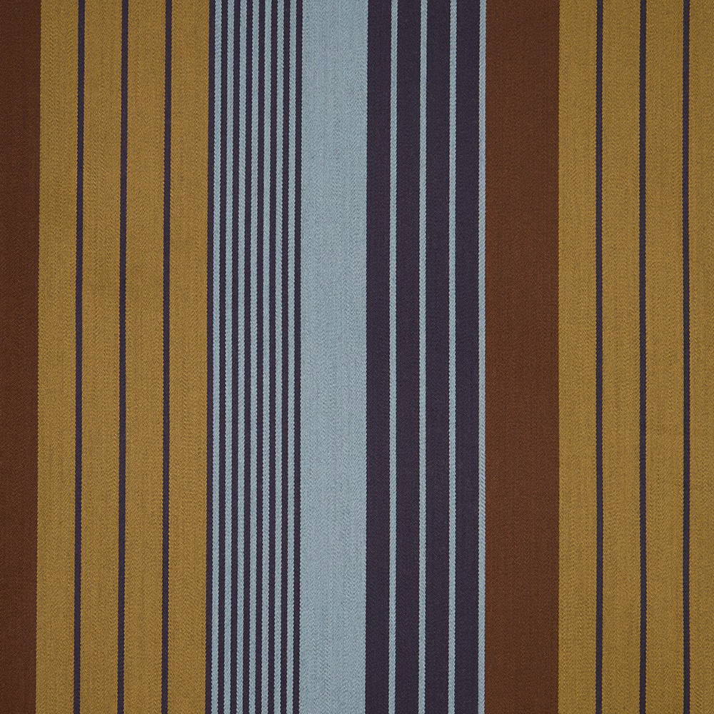 Ochre, brown, blue-grey and navy vertical stripes in a closely woven textile