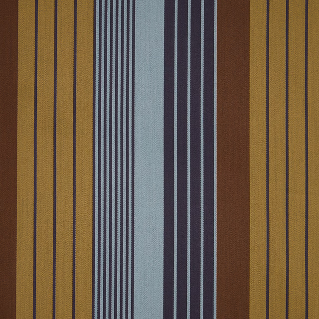 Ochre, brown, blue-grey and navy vertical stripes in a closely woven textile