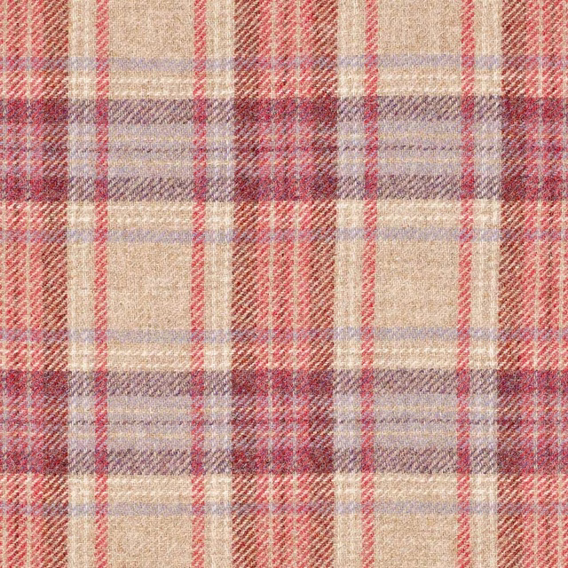 Dusty rose plaid with cream blocks, lilac bands and softly brushed woven texture