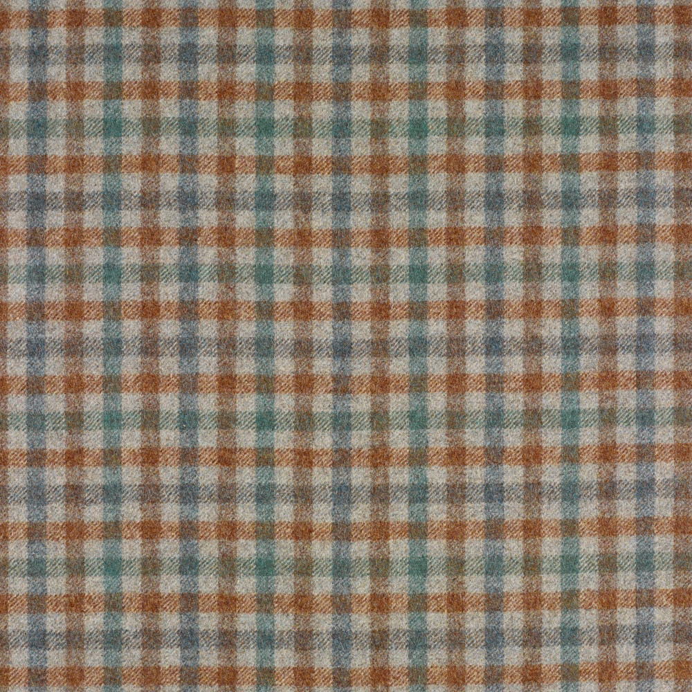 Muted eau de nil plaid with blue-grey, cream and warm tan woven checks