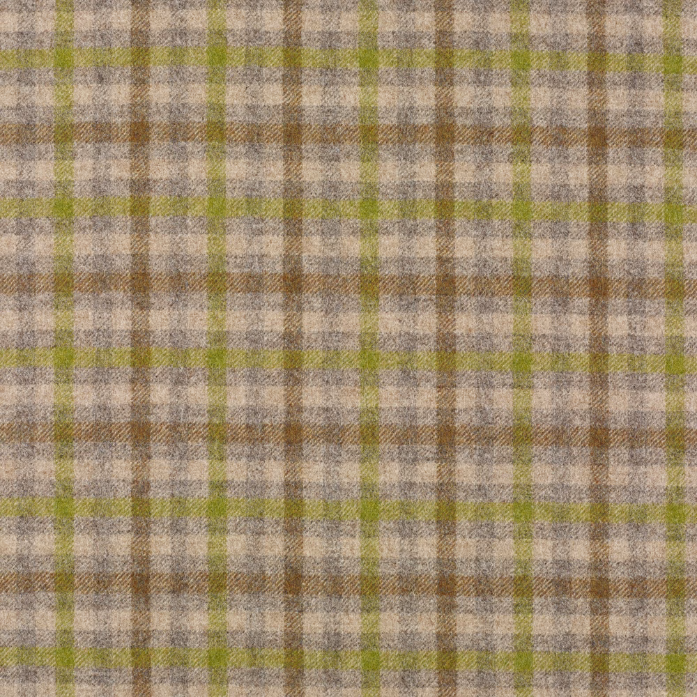 Close-up of lichen green, oatmeal and brown plaid with a soft brushed weave