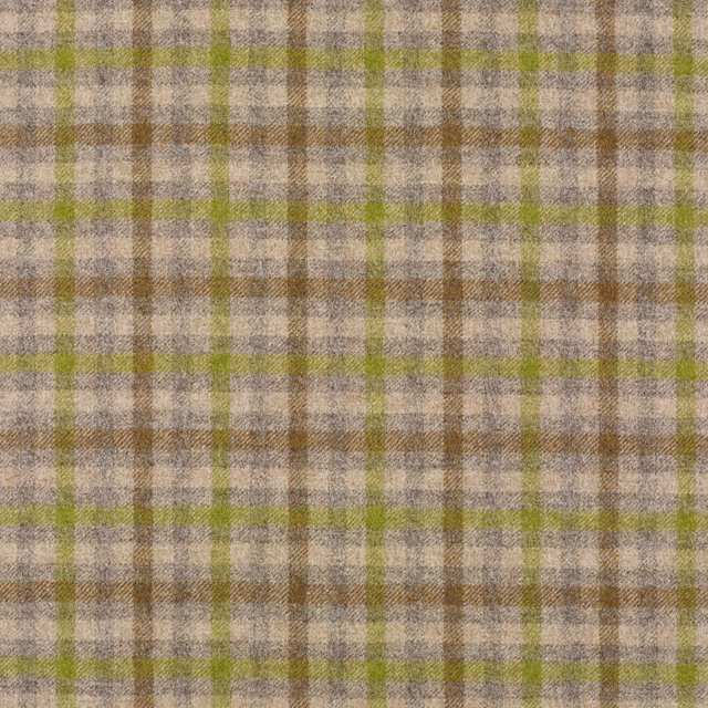 Close-up of lichen green, oatmeal and brown plaid with a soft brushed weave