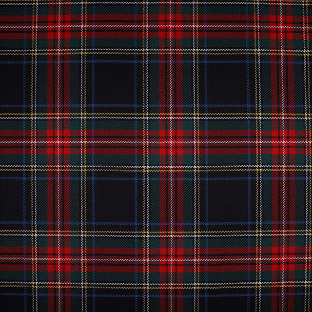 Black Stewart tartan with black ground, red bands, green checks and fine cream lines