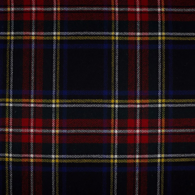 Black tartan swatch with red bands, navy checks, ochre lines and pale woven stripes